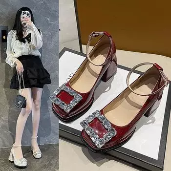 Женские туфли Мэри Джейн из кожи в стиле ретро со стразами — квадратный носок, толстый каблук средней высоты, один ремешок, студенческий стиль. 37 вино красного