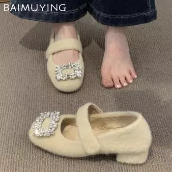 Женские туфли Мэри Джейн из кристальной замши на низком каблуке с пряжкой, зимние трендовые элегантные туфли-лодочки для вечеринки Zapatos Mujer 2025 года 35 покинуть белый