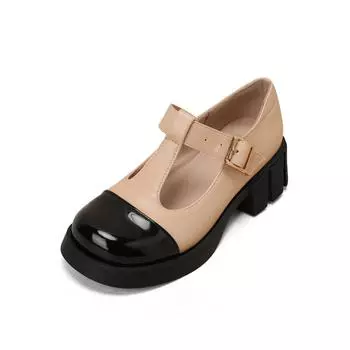 Женские туфли Мэри Джейн из лакированной искусственной кожи в двух тонах с Т-образным ремешком на толстом каблуке в готическом стиле, туфли-лодочки для девочек на платформе Kawaii для женщин 34 бежевый