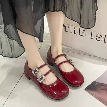 Женские туфли Мэри Джейн из лакированной кожи на плоской подошве с квадратным носком и двойной пряжкой, дизайнерские туфли черного и красного цвета на низком каблуке, женские, осенние 40 чёрный