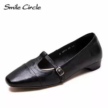 Женские туфли Мэри Джейн из натуральной кожи с квадратным носком и пряжкой на плоской подошве Удобная повседневная обувь в стиле ретро 35 чёрный