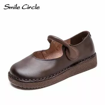 Женские туфли Мэри Джейн из натуральной кожи с круглым носком и мягкой подошвой на плоской подошве, модные повседневные сандалии 35 коричневый