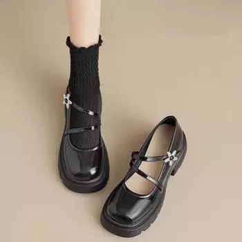 Женские туфли Мэри Джейн из натуральной кожи, весна-лето, новые туфли на толстом каблуке и платформе, увеличивающие рост, черные кожаные туфли-лодочки 35