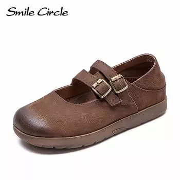 Женские туфли Мэри Джейн из натуральной кожи с круглым носком и пряжкой на плоской подошве, дышащая удобная повседневная обувь 35 коричневый