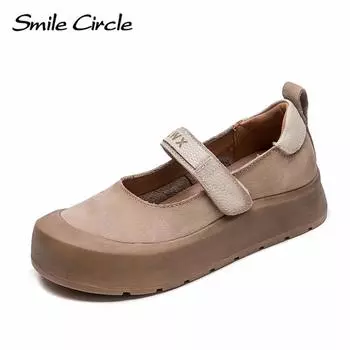 Женские туфли Мэри Джейн из натуральной кожи с круглым носком и пряжкой на плоской подошве. Удобные винтажные сандалии. 35 бежевый