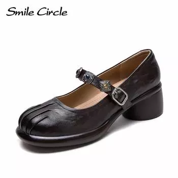Женские туфли Мэри Джейн из натуральной кожи с круглым носком и пряжкой на высоком каблуке. Модная повседневная женская обувь. 35 коричневый