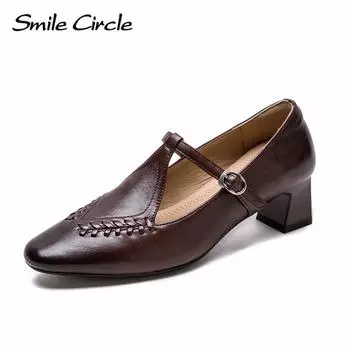 Женские туфли Мэри Джейн из натуральной кожи с острым носком и пряжкой на высоком каблуке. Модная повседневная женская обувь. 35 коричневый