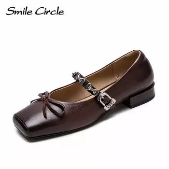 Женские туфли Мэри Джейн из натуральной кожи с квадратным носком и пряжкой на низком каблуке. Модная повседневная женская обувь. 35 коричневый