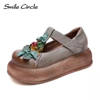 Женские туфли Мэри Джейн из натуральной кожи на платформе, с ретро-цветочной аппликацией, с круглым носком и ремешком на липучке 35 серый