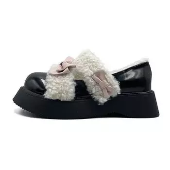 Женские туфли Мэри Джейн Лолита Однотонные Зимние Плюшевые Туфли 2025 Мода Бант-бабочка Уличные Нескользящие Женские Туфли на Платформе 35