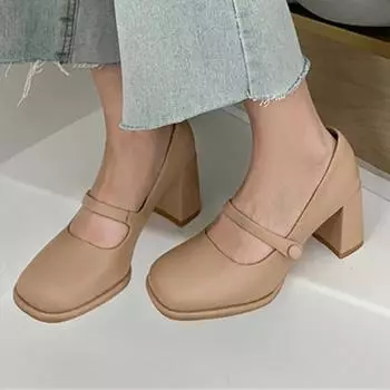 Женские туфли Мэри Джейн на массивном высоком каблуке с квадратным носком, женская модная карьерная обувь на мелком каблуке, весенне-осенняя абрикосово-бежевая обувь 34 бежевый