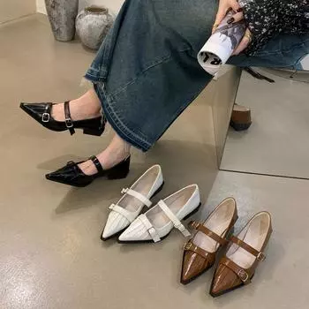 Женские туфли Мэри Джейн на низком каблуке, повседневные туфли на толстом блочном каблуке, удобные туфли для женщин, туфли Мэри Джейн с острым носком и регулируемым ремешком 35 чёрный