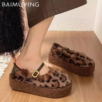 Женские туфли Мэри Джейн на платформе с леопардовым мехом, короткие туфли на плоской подошве с пряжкой из плюша, хлопковые туфли 2025 года, теплые зимние женские туфли 35 леопардовый