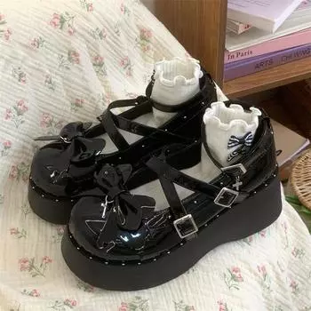 Женские туфли Мэри Джейн на платформе, туфли-лодочки 2024 года, горячая распродажа, модные туфли в стиле «Лолита» с бабочкой, женские туфли на толстой подошве в готическом стиле для косплея 4.5 чёрный