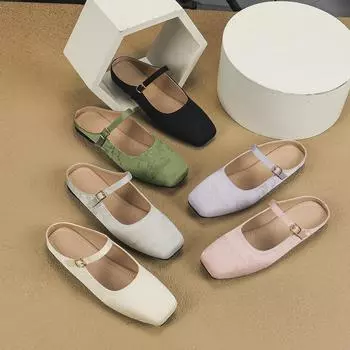 Женские туфли Мэри Джейн на плоской подошве с открытой спиной и квадратным закрытым носком, шлепанцы без шнуровки, мягкие балетки, лоферы с ремешком на щиколотке, прогулочные туфли без каблуков, модельные туфли для женщин 35 чёрный