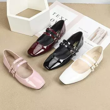 Женские туфли Мэри Джейн на плоской подошве, повседневные, удобные, с квадратным носком, с двумя ремешками, балетки на плоской подошве для женщин, из искусственной лакированной кожи, для работы, вечеринки, нарядные туфли 35 чёрный