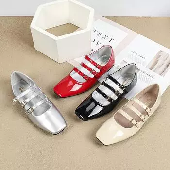 Женские туфли Мэри Джейн на плоской подошве, повседневные, удобные, с квадратным носком, с тремя ремешками на щиколотке, балетки на плоской подошве для женщин, из искусственной лакированной кожи, для работы, вечеринки, платья 35 чёрный