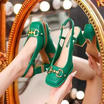 Женские туфли Мэри Джейн на среднем каблуке 5,5 см, летние пустые женские туфли во французском стиле на толстом каблуке с квадратным носком, черные, зеленые, Talon Femme 35