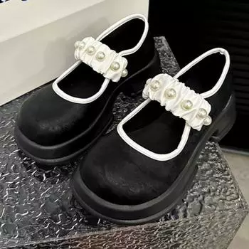 Женские туфли Мэри Джейн на толстой подошве, новые осенние одинарные туфли с круглым носком и мелким горлышком, украшенные бисером и пряжкой 35 грязно-белый
