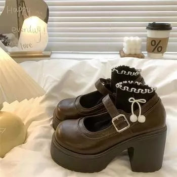 Женские туфли Мэри Джейн на толстом каблуке 8,5 см, черные, коричневые, в японском каваи-лолита стиле, для школьной формы, офисной повседневной одежды, преппи JK, летняя обувь 35 коричневый