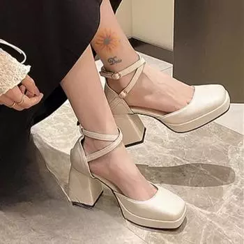 Женские туфли Мэри Джейн на толстом каблуке 2024 года, новый стиль, толстый каблук, модные туфли с пряжкой, банкетное платье, вечерние туфли Zapatilla 34 бежевый