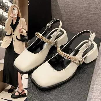 Женские туфли Мэри Джейн на толстом каблуке Модные женские туфли Мэри Джейн с квадратным носком Мягкие балетки на подошве Роскошные босоножки с мелкой пряжкой 35
