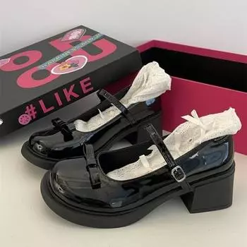 Женские туфли Мэри Джейн на толстом каблуке, босоножки в стиле Лолиты с бантом, женские модные туфли в стиле ретро для колледжа, милые туфли с круглым носком 35 чёрный