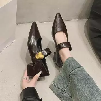 Женские туфли Мэри Джейн на толстом каблуке с острым носком, осень 2024 г. – повседневный британский стиль на среднем каблуке 38 чёрный