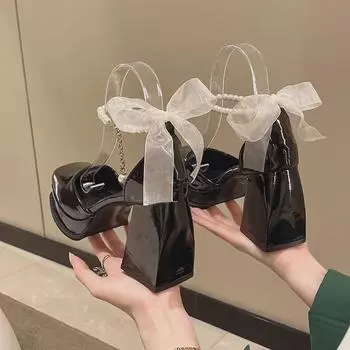 Женские туфли Мэри Джейн на толстом каблуке с бантом — весенняя коллекция 2023 г., квадратный носок, один ремешок, жемчужные акценты 37 грязно-белый