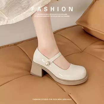 Женские туфли Мэри Джейн на высоком каблуке с натуральным французским квадратным носком на массивном каблуке и жемчужной пряжкой 34 чёрный