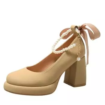 Женские туфли Мэри Джейн на высоком каблуке 2024 года, новые женские туфли на толстой платформе для вечеринок и свадеб, модные туфли с ремешком на щиколотке и высоким каблуком 34