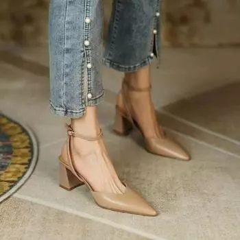 Женские туфли Мэри Джейн на высоком каблуке с открытой спиной, элегантные модные босоножки на высоком каблуке в винтажном стиле с острым носком для женщин 34 белый