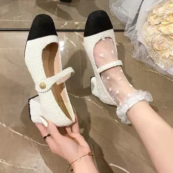 Женские туфли Мэри Джейн на высоком каблуке 2024 года, летняя новая мода, элегантный квадратный каблук, толстый каблук, классические универсальные женские туфли 34 чёрный