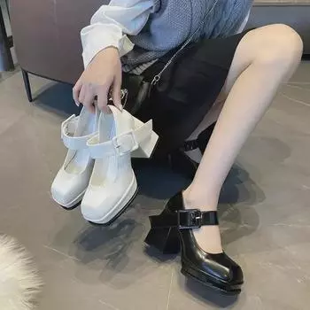 Женские туфли Мэри Джейн на высоком каблуке большого размера 2023 года: Французский одинарный ремешок, толстый каблук, водонепроницаемая платформа, квадратный носок, небольшая кожа. 35 чёрный