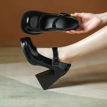 Женские туфли Мэри Джейн на высоком массивном каблуке с круглым носком и пряжкой на платформе, женская модная карьерная обувь, весна-осень, черные 40 34 чёрный