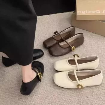 Женские туфли Мэри Джейн, новые дизайнерские туфли на плоской подошве с пряжкой и ремешком, кожаные мягкие женские туфли с квадратным носком, черные туфли на плоской подошве Zapatos Mujer 35
