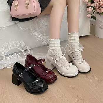 Женские туфли Мэри Джейн, новые модные туфли на толстом каблуке с бантом в стиле Лолиты для женщин, милые туфли для девушек из колледжа, с круглым носком, на высоком каблуке для женщин 35