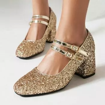 Женские туфли Мэри Джейн с блестками золотого, серебряного цвета на массивном высоком каблуке, блестящие женские туфли-лодочки для вечеринки, свадьбы, выпускного вечера, большой размер 47–48, туфли на каблуке 34 серебряный