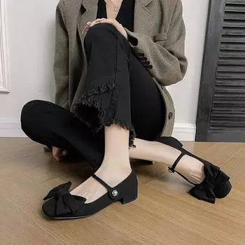 Женские туфли Мэри Джейн с французским бантом на толстом каблуке и квадратным носком с одним ремешком 35 чёрный