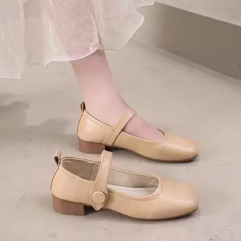 Женские туфли Мэри Джейн с квадратным носком, кожаные туфли на плоской подошве, жемчужные модные мягкие удобные балетки на весну 35 бежевый