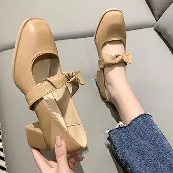 Женские туфли Мэри Джейн с квадратным носком, женские туфли на высоком каблуке, новинка 2024 года, повседневные женские туфли в стиле феи с толстым бантом на каблуке 34 абрикосовый