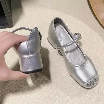 Женские туфли Мэри Джейн с квадратным носком, кожаные туфли, повседневные, элегантные, в уличном стиле, для женщин, Zapatos Para Mujeres 35 серебряный