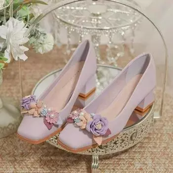 Женские туфли Мэри Джейн с квадратным носком и цветами на высоком каблуке. Новая мода. Туфли без застежек с острым носком. Удобная новая повседневная обувь. Обувь. 35 фиолетовый