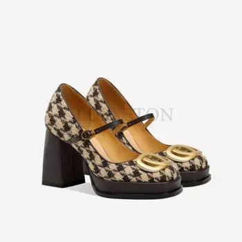 Женские туфли Мэри Джейн с квадратным носком и толстым каблуком. Высокие каблуки. Клетчатые туфли в клетку «Тысяча птиц». Нежный стиль. Модные туфли с неглубоким носком. 39