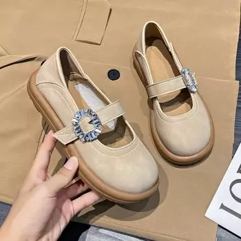 Женские туфли Мэри Джейн с ремешком из кристаллов и пряжкой, модные удобные неглубокие мокасины с круглым носком, повседневная кожаная обувь 2024 35 хаки