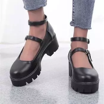 Женские туфли Мэри Джейн с ремешком на щиколотке, женская модная обувь на платформе и высоком каблуке с круглым носком и пряжкой, весенне-осенняя черная обувь
