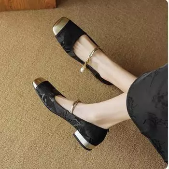 Женские туфли Мэри Джейн Туфли для вечеринок на низком массивном каблуке с ремешком на щиколотке Туфли на квадратном закрытом носке на блочном каблуке для женщин Нескользящие повседневные туфли на плоской подошве 34 чёрный