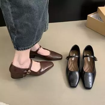 Женские туфли Мэри Джейн Туфли-лодочки на низком каблуке Удобные модельные туфли на массивном блочном каблуке с квадратным закрытым носком и регулируемым ремешком Женская обувь Мэри Джейн 35 коричневый