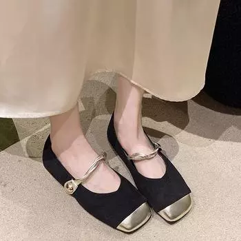 Женские туфли Мэри Джейн, туфли-лодочки с золотым носком, туфли принцессы с пряжкой-шариком для девочек, балетки из искусственной замши, весна 35 чёрный