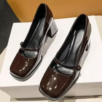 Женские туфли Мэри Джейн в британском стиле в стиле ретро, универсальные туфли на высоком каблуке с квадратным носком, новинка 2024 года, весна-осень 34 чёрный